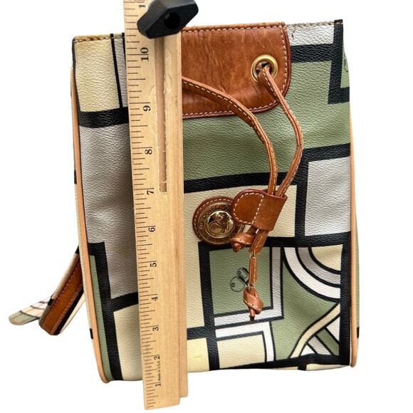 Double Fish 90s Leather Geometric Beige Green Silver Drawstring Shoulder Bag - Picture 3 of 16